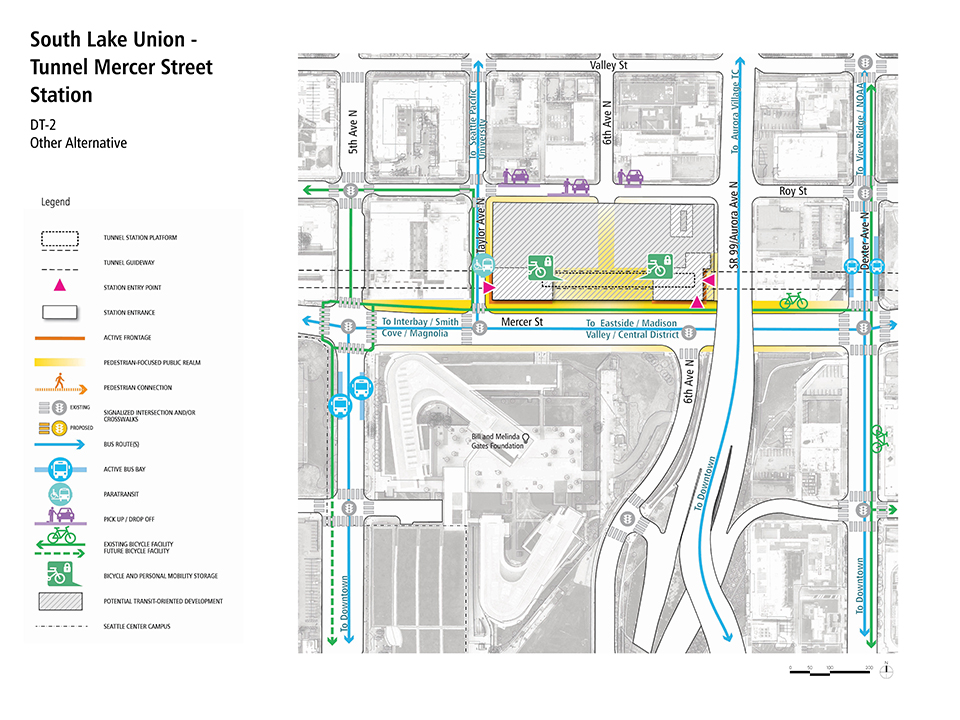 A map describes how pedestrians, bus riders, streetcar riders, bicyclists, and drivers could access the South Lake Union ‐ Tunnel Mercer Street Station.